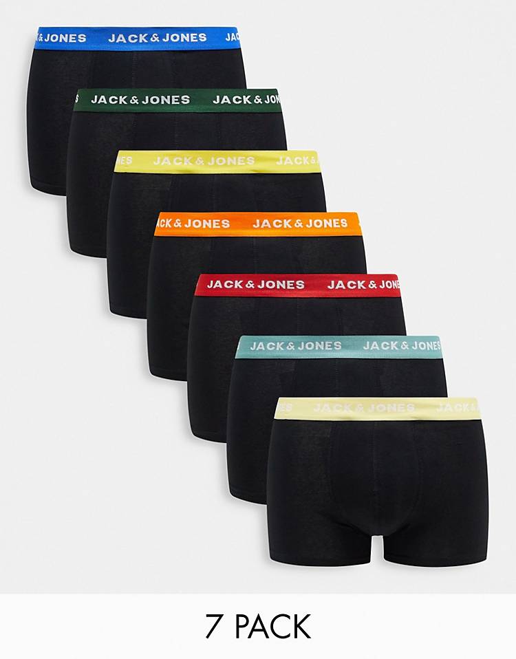 Jack & Jones 7 pack trunks in black with multi color waistband